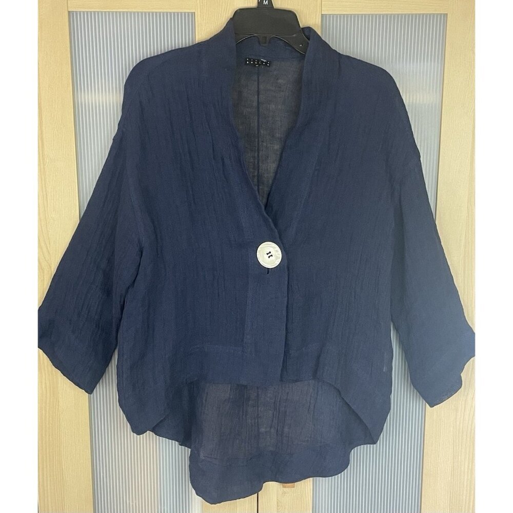 Sandra Soulos Linen Blue Women's Tunic Top Sz 12 Gauzy Lagen Art Coastal Casual‎